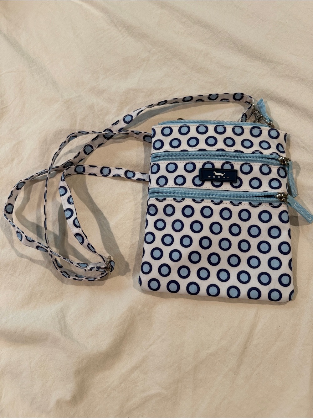 Scout White Crossbody Bag with Navy Blue Circle Pattern